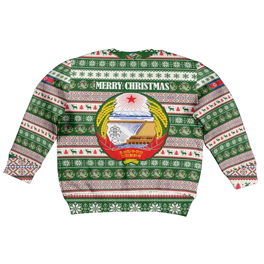 North Korea Christmas Kid Ugly Christmas Sweater with Green-Red Design, National Emblem, and Festive Snowflake Motif - Wonder Print Shop