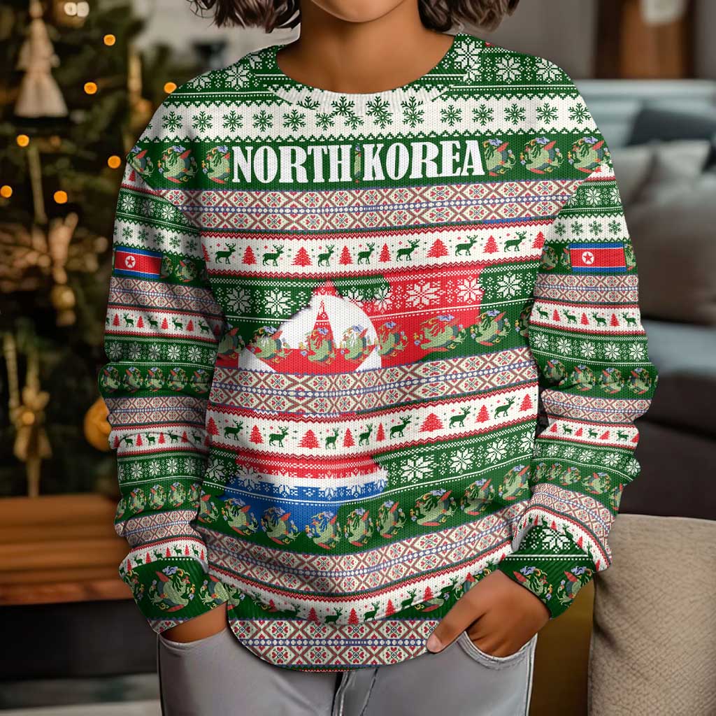 North Korea Christmas Kid Ugly Christmas Sweater with Green-Red Design, National Emblem, and Festive Snowflake Motif - Wonder Print Shop