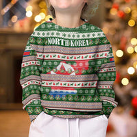 North Korea Christmas Kid Ugly Christmas Sweater with Green-Red Design, National Emblem, and Festive Snowflake Motif - Wonder Print Shop