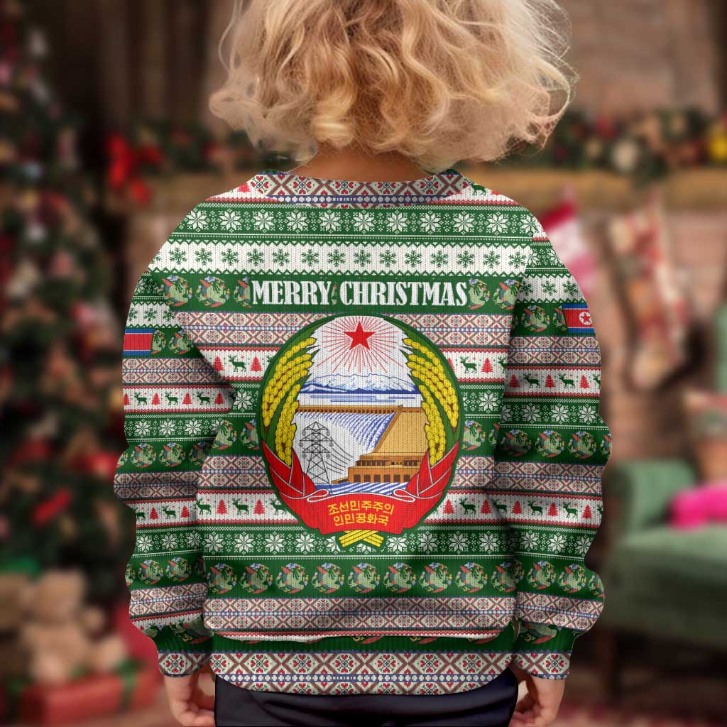 North Korea Christmas Kid Ugly Christmas Sweater with Green-Red Design, National Emblem, and Festive Snowflake Motif - Wonder Print Shop