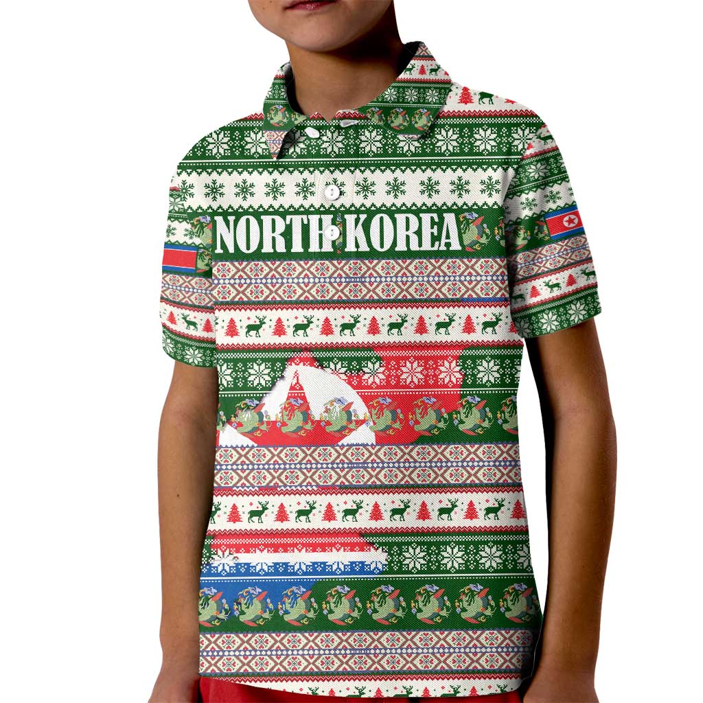 North Korea Christmas Kid Polo Shirt with Green-Red Design, National Emblem, and Festive Snowflake Motif - Wonder Print Shop
