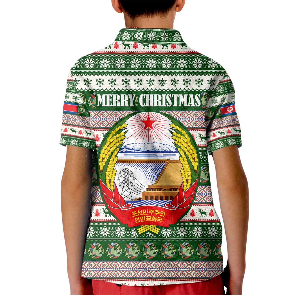North Korea Christmas Kid Polo Shirt with Green-Red Design, National Emblem, and Festive Snowflake Motif - Wonder Print Shop