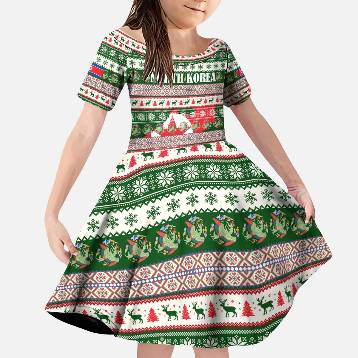 North Korea Christmas Kid Short Sleeve Dress with Green-Red Design, National Emblem, and Festive Snowflake Motif - Wonder Print Shop