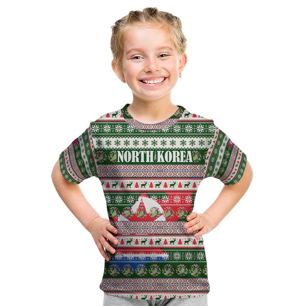 North Korea Christmas Kid T Shirt with Green-Red Design, National Emblem, and Festive Snowflake Motif - Wonder Print Shop