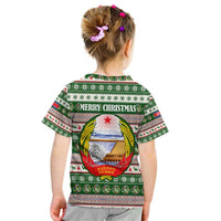 North Korea Christmas Kid T Shirt with Green-Red Design, National Emblem, and Festive Snowflake Motif - Wonder Print Shop