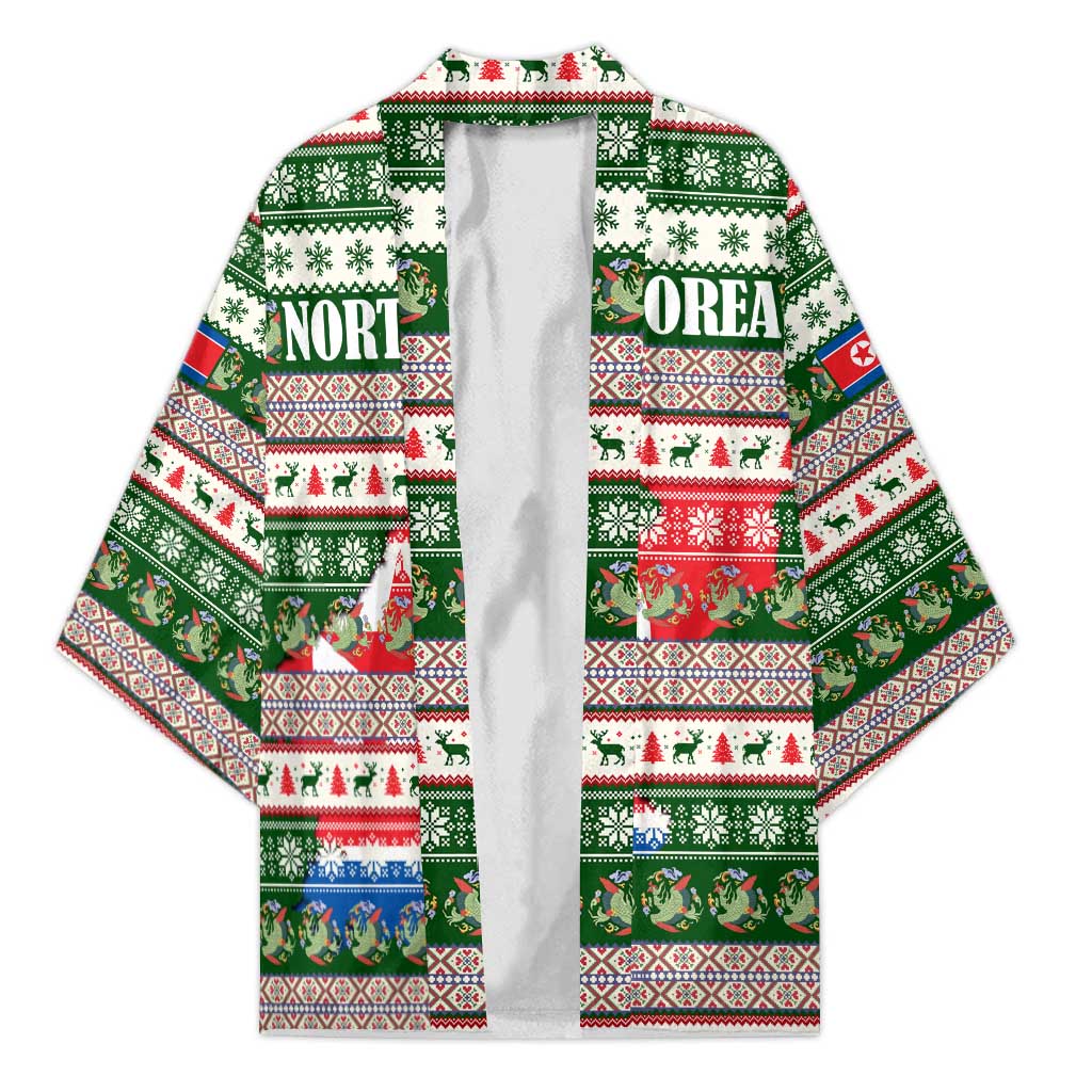 North Korea Christmas Kimono with Green-Red Design, National Emblem, and Festive Snowflake Motif - Wonder Print Shop