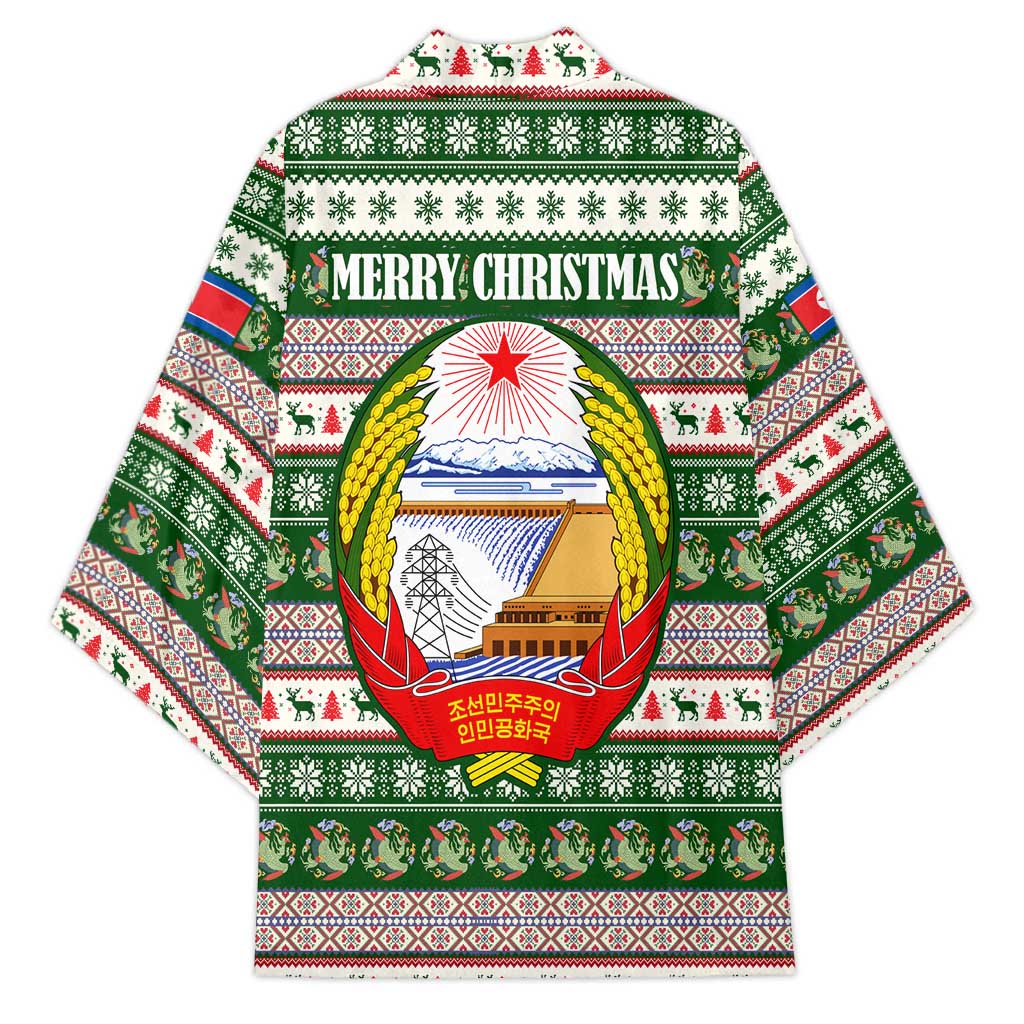 North Korea Christmas Kimono with Green-Red Design, National Emblem, and Festive Snowflake Motif - Wonder Print Shop