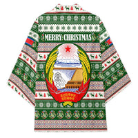 North Korea Christmas Kimono with Green-Red Design, National Emblem, and Festive Snowflake Motif - Wonder Print Shop