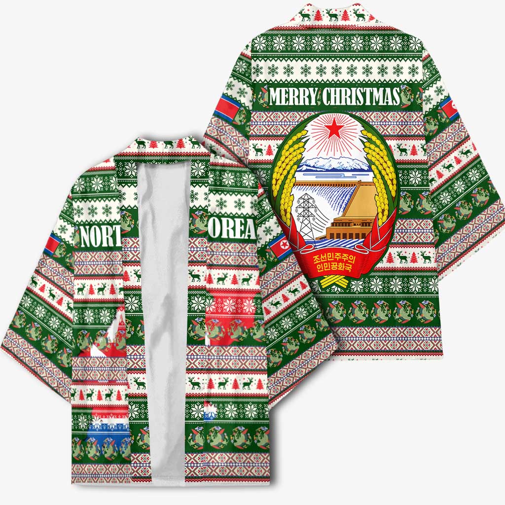 North Korea Christmas Kimono with Green-Red Design, National Emblem, and Festive Snowflake Motif - Wonder Print Shop