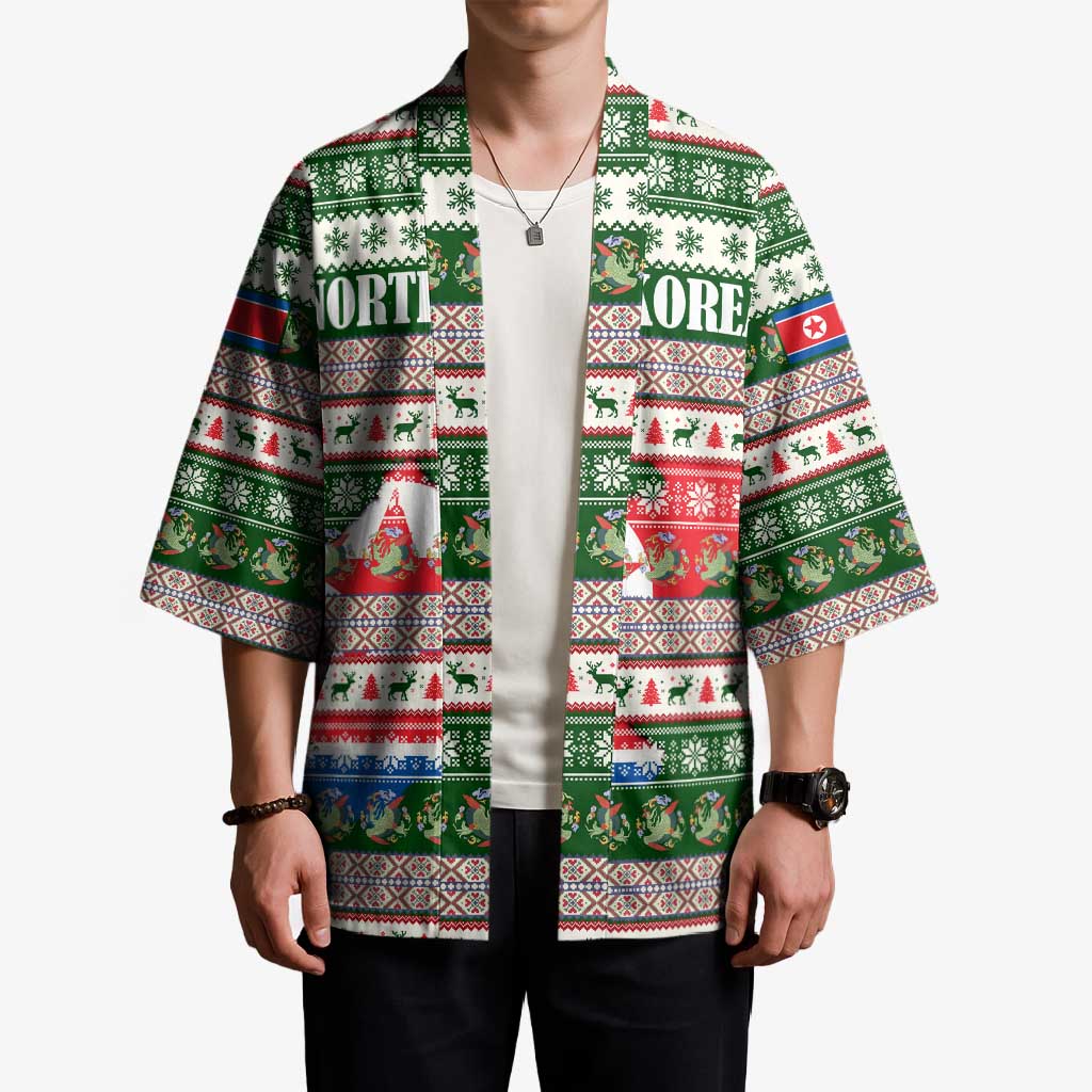 North Korea Christmas Kimono with Green-Red Design, National Emblem, and Festive Snowflake Motif - Wonder Print Shop
