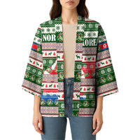 North Korea Christmas Kimono with Green-Red Design, National Emblem, and Festive Snowflake Motif - Wonder Print Shop