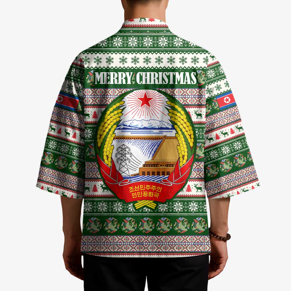 North Korea Christmas Kimono with Green-Red Design, National Emblem, and Festive Snowflake Motif - Wonder Print Shop