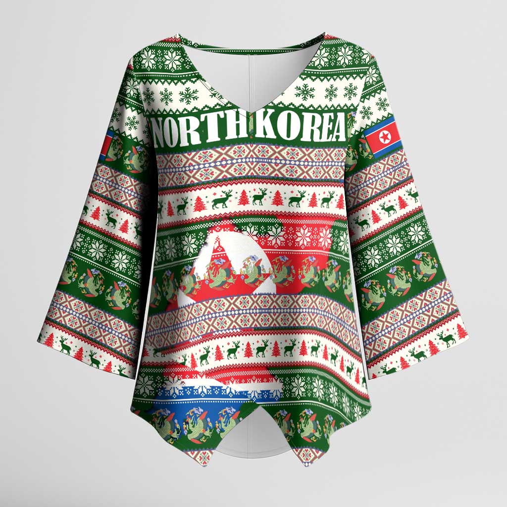 North Korea Christmas Kimono Sleeve Blouse with Green-Red Design, National Emblem, and Festive Snowflake Motif - Wonder Print Shop