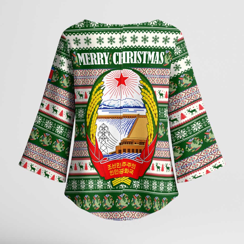 North Korea Christmas Kimono Sleeve Blouse with Green-Red Design, National Emblem, and Festive Snowflake Motif - Wonder Print Shop