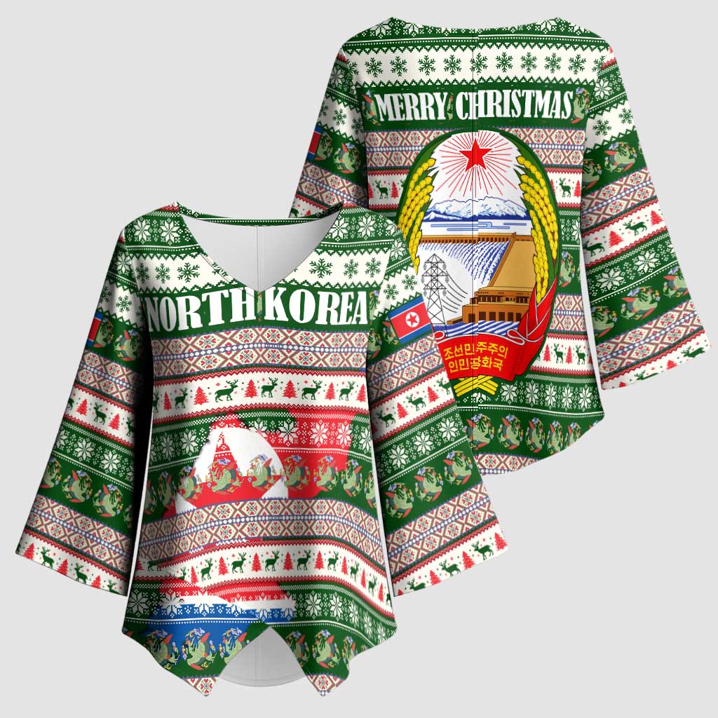 North Korea Christmas Kimono Sleeve Blouse with Green-Red Design, National Emblem, and Festive Snowflake Motif - Wonder Print Shop