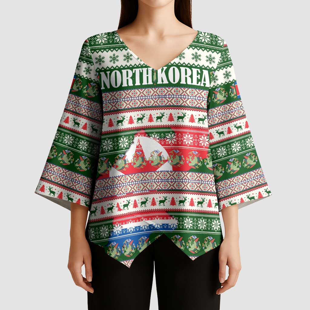 North Korea Christmas Kimono Sleeve Blouse with Green-Red Design, National Emblem, and Festive Snowflake Motif - Wonder Print Shop