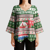 North Korea Christmas Kimono Sleeve Blouse with Green-Red Design, National Emblem, and Festive Snowflake Motif - Wonder Print Shop