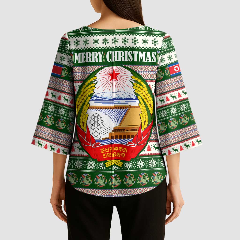 North Korea Christmas Kimono Sleeve Blouse with Green-Red Design, National Emblem, and Festive Snowflake Motif - Wonder Print Shop