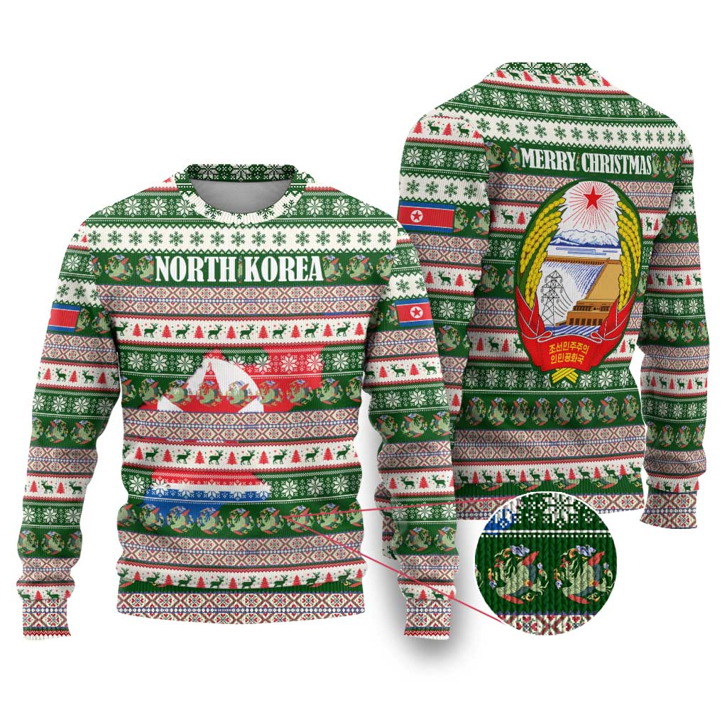 North Korea Christmas Ugly Christmas Sweater with Green-Red Design, National Emblem, and Festive Snowflake Motif - Wonder Print Shop