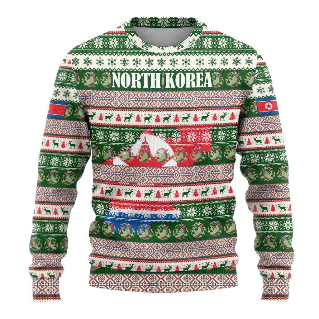 North Korea Christmas Ugly Christmas Sweater with Green-Red Design, National Emblem, and Festive Snowflake Motif - Wonder Print Shop