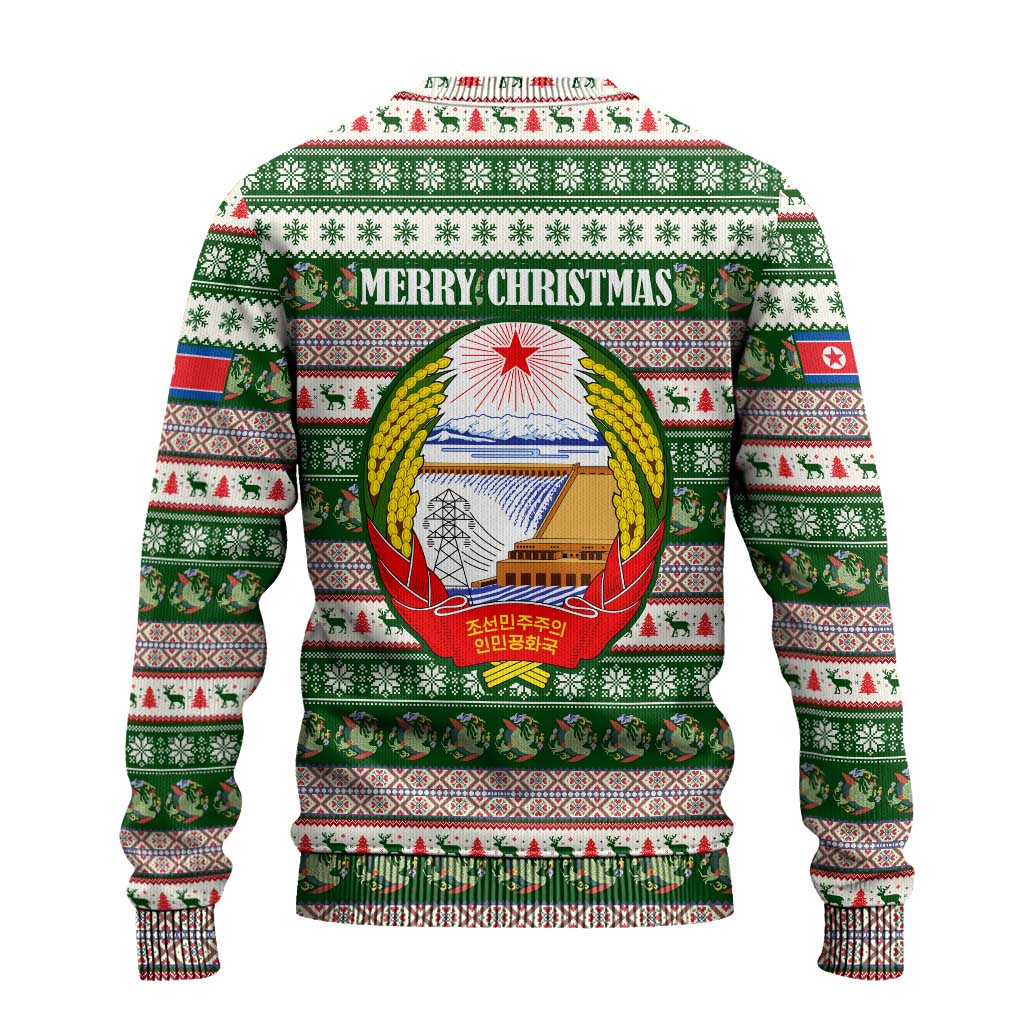 North Korea Christmas Ugly Christmas Sweater with Green-Red Design, National Emblem, and Festive Snowflake Motif - Wonder Print Shop