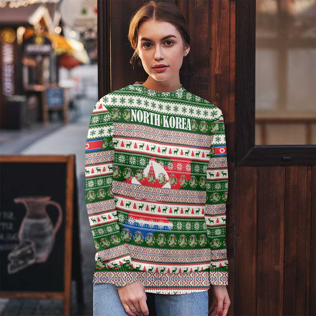North Korea Christmas Ugly Christmas Sweater with Green-Red Design, National Emblem, and Festive Snowflake Motif - Wonder Print Shop