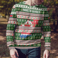 North Korea Christmas Ugly Christmas Sweater with Green-Red Design, National Emblem, and Festive Snowflake Motif - Wonder Print Shop