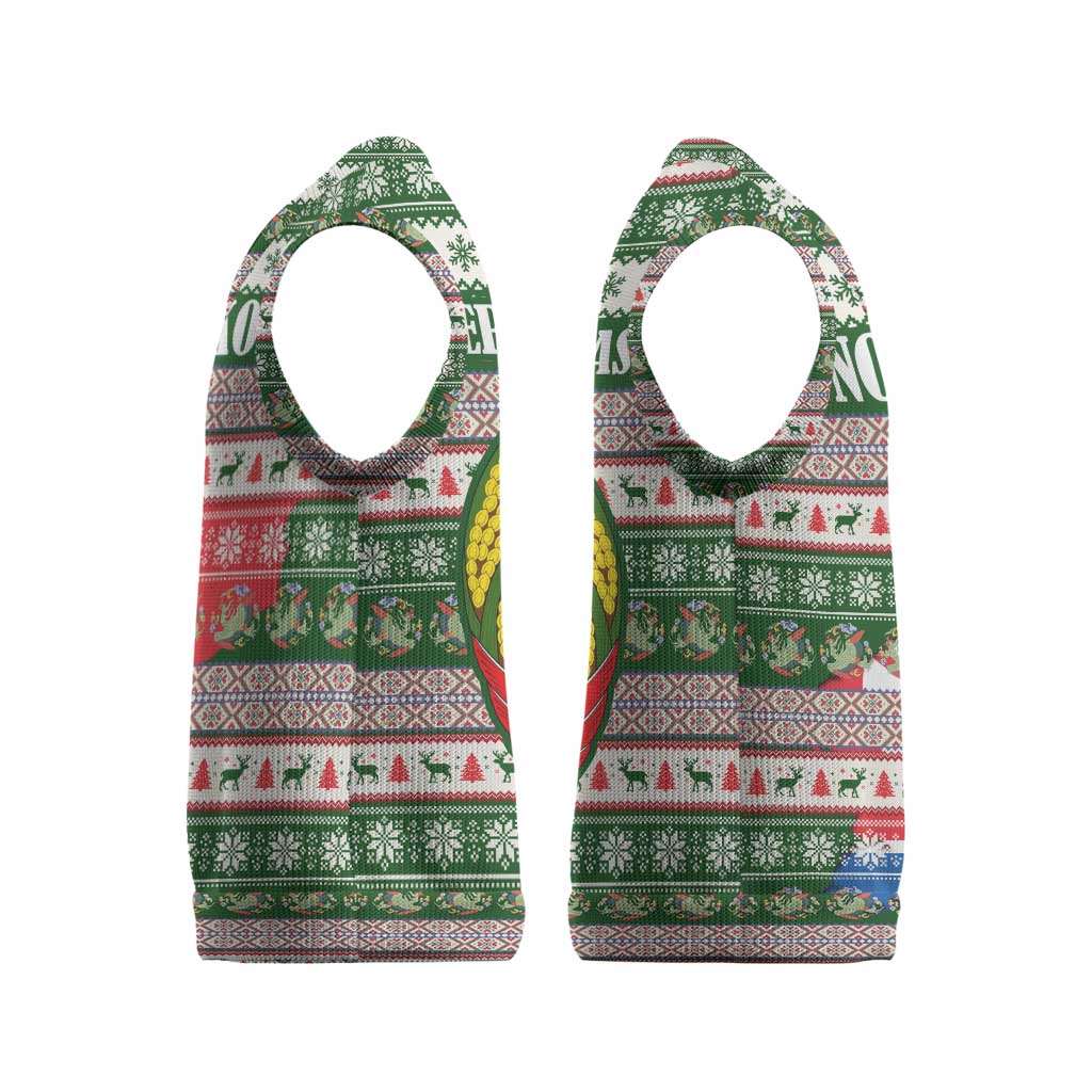 North Korea Christmas Knitted V-Neck Vest with Green-Red Design, National Emblem, and Festive Snowflake Motif - Wonder Print Shop