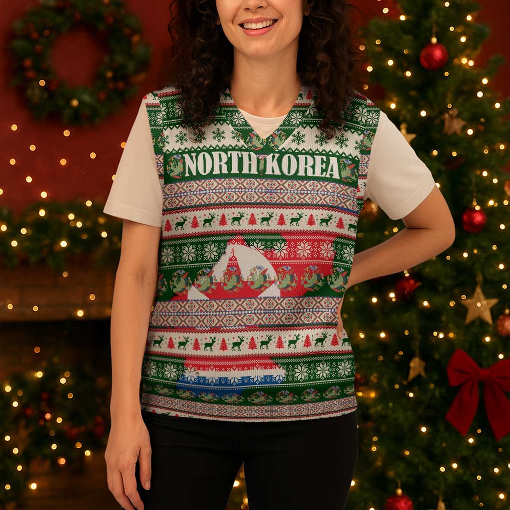 North Korea Christmas Knitted V-Neck Vest with Green-Red Design, National Emblem, and Festive Snowflake Motif - Wonder Print Shop