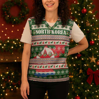 North Korea Christmas Knitted V-Neck Vest with Green-Red Design, National Emblem, and Festive Snowflake Motif - Wonder Print Shop