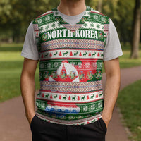 North Korea Christmas Knitted V-Neck Vest with Green-Red Design, National Emblem, and Festive Snowflake Motif - Wonder Print Shop