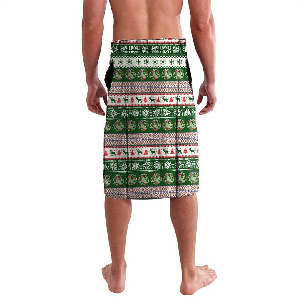 North Korea Christmas Lavalava with Green-Red Design, National Emblem, and Festive Snowflake Motif - Wonder Print Shop