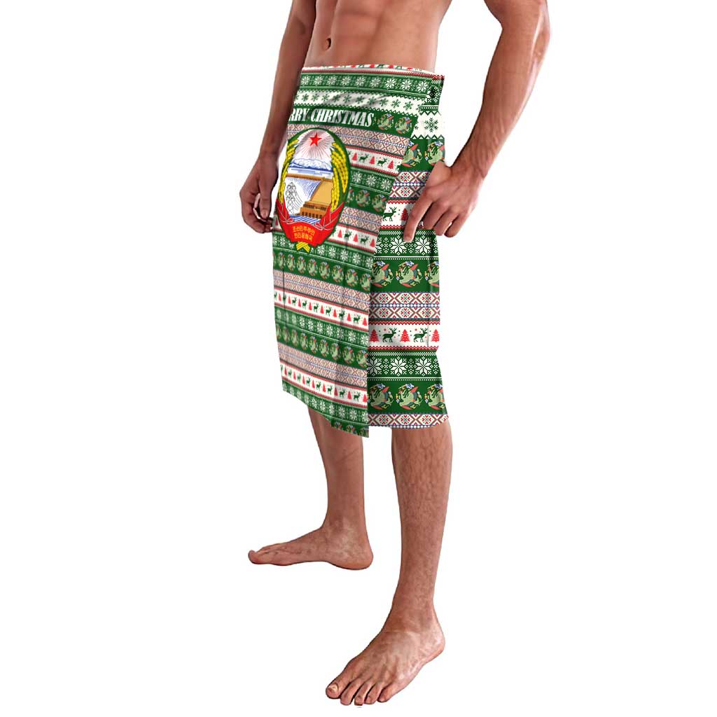 North Korea Christmas Lavalava with Green-Red Design, National Emblem, and Festive Snowflake Motif - Wonder Print Shop