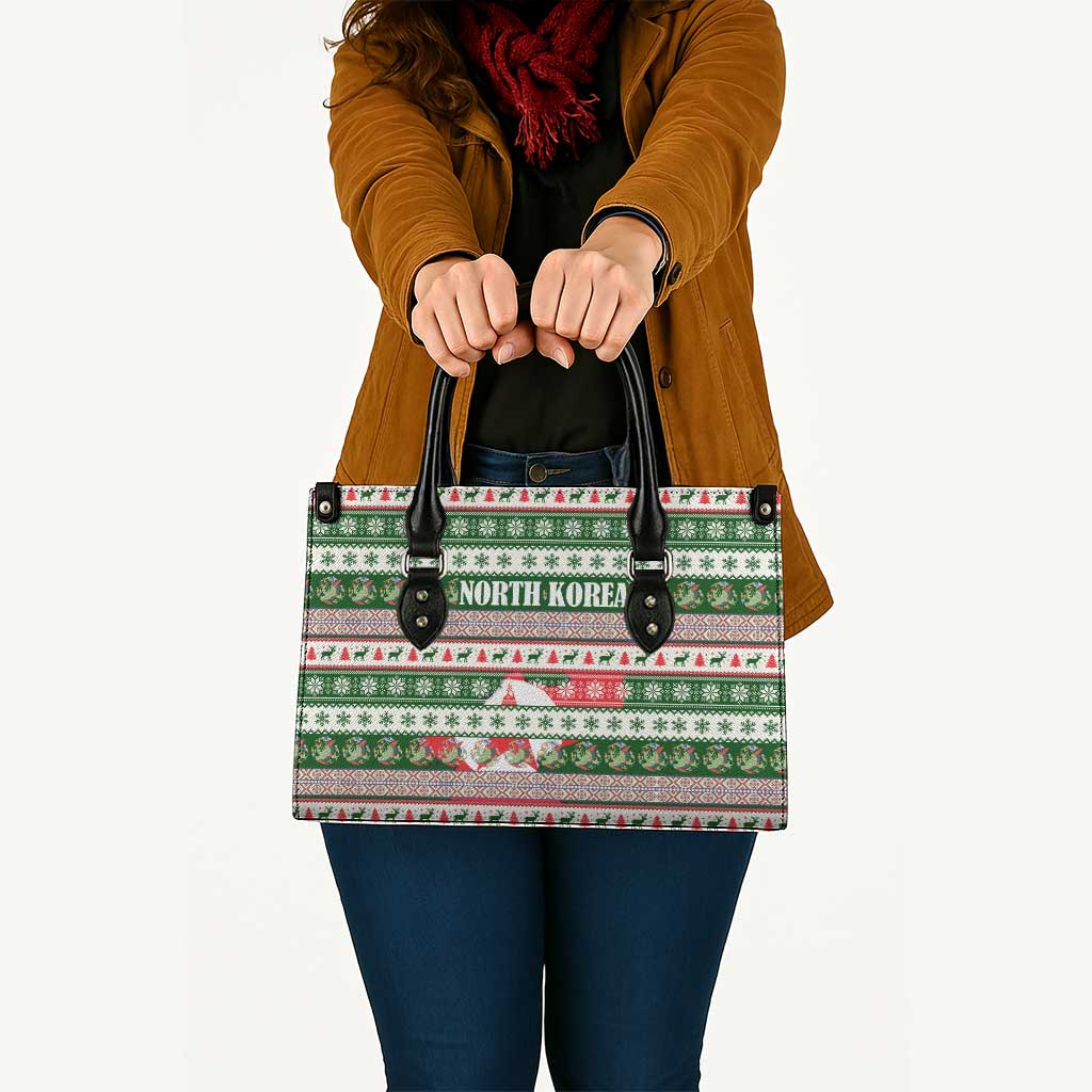North Korea Christmas Leather Bag with Green-Red Design, National Emblem, and Festive Snowflake Motif - Wonder Print Shop