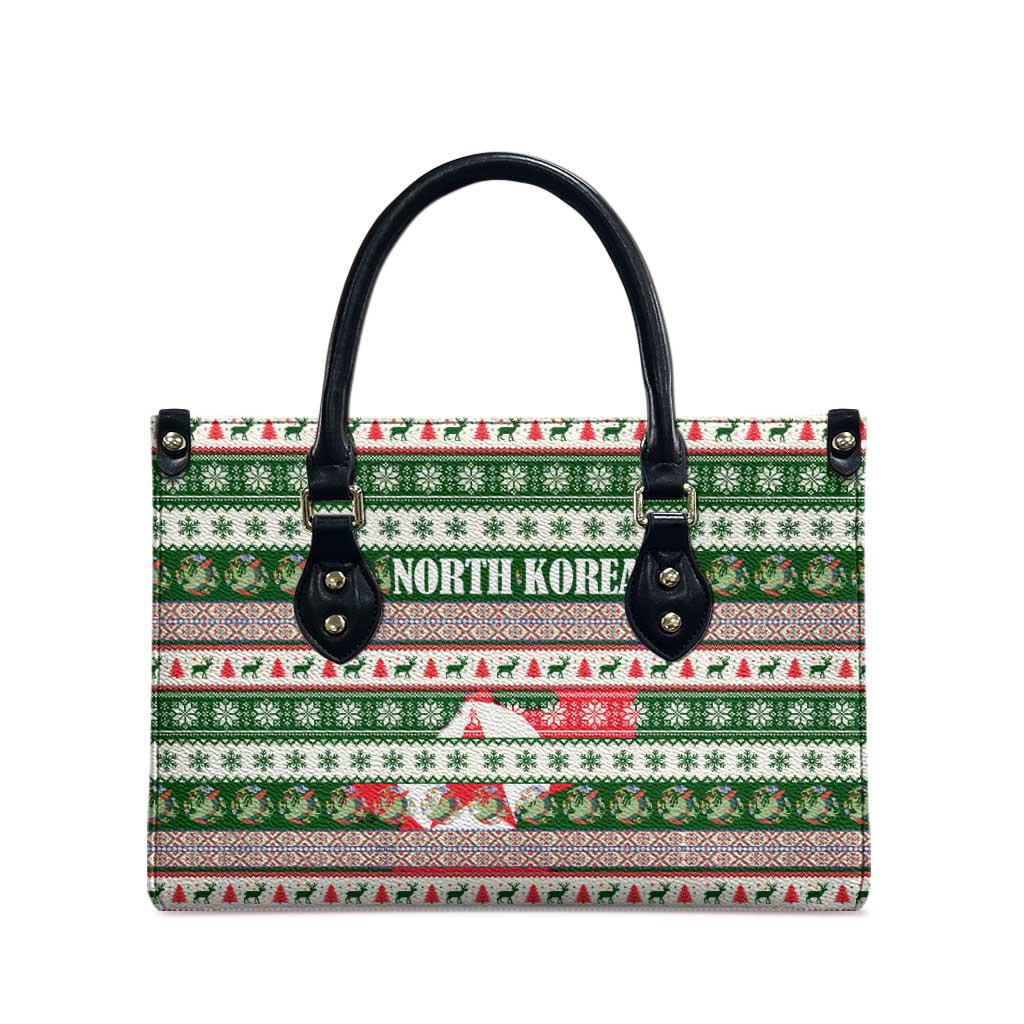 North Korea Christmas Leather Bag with Green-Red Design, National Emblem, and Festive Snowflake Motif - Wonder Print Shop