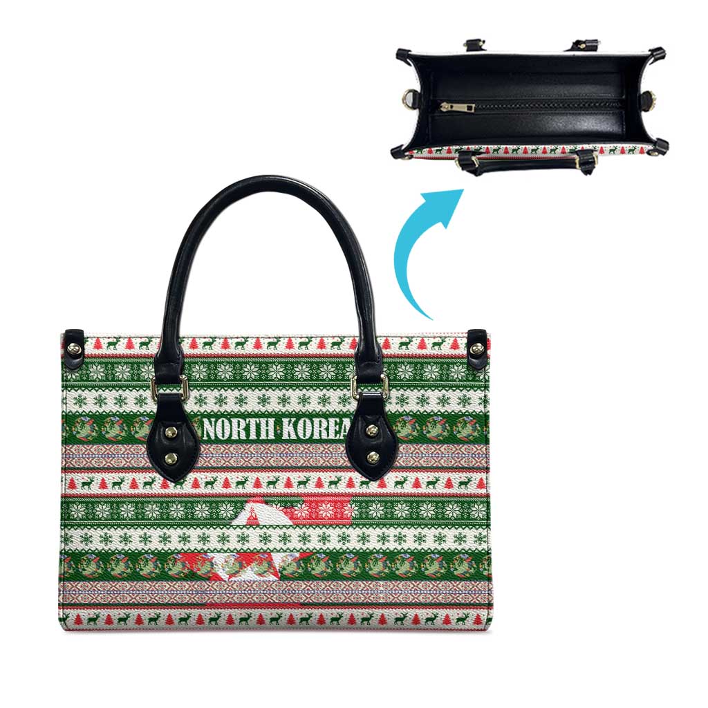 North Korea Christmas Leather Bag with Green-Red Design, National Emblem, and Festive Snowflake Motif - Wonder Print Shop
