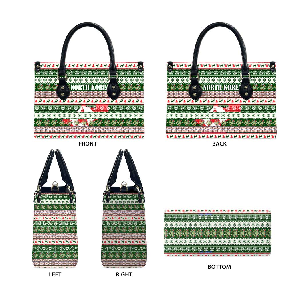North Korea Christmas Leather Bag with Green-Red Design, National Emblem, and Festive Snowflake Motif - Wonder Print Shop