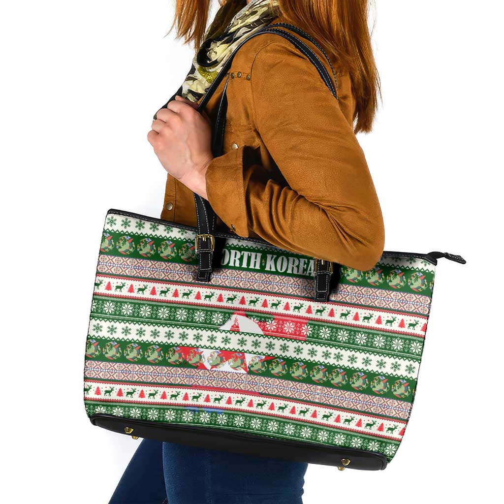 North Korea Christmas Leather Tote Bag with Green-Red Design, National Emblem, and Festive Snowflake Motif - Wonder Print Shop