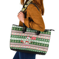 North Korea Christmas Leather Tote Bag with Green-Red Design, National Emblem, and Festive Snowflake Motif - Wonder Print Shop