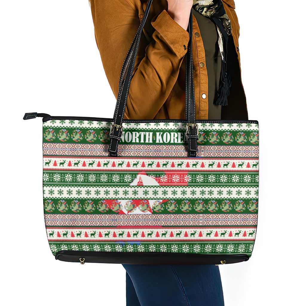 North Korea Christmas Leather Tote Bag with Green-Red Design, National Emblem, and Festive Snowflake Motif - Wonder Print Shop