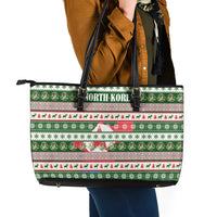 North Korea Christmas Leather Tote Bag with Green-Red Design, National Emblem, and Festive Snowflake Motif - Wonder Print Shop