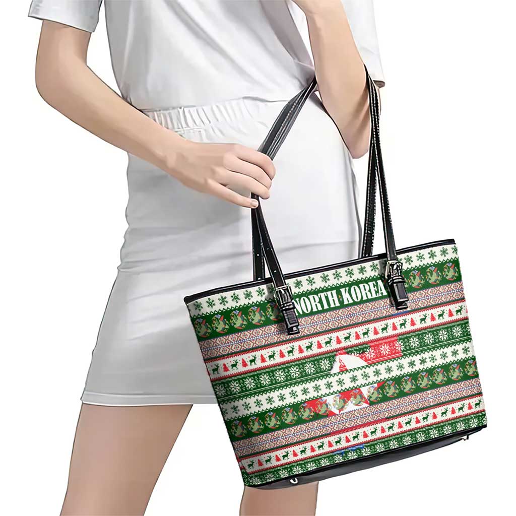 North Korea Christmas Leather Tote Bag with Green-Red Design, National Emblem, and Festive Snowflake Motif - Wonder Print Shop