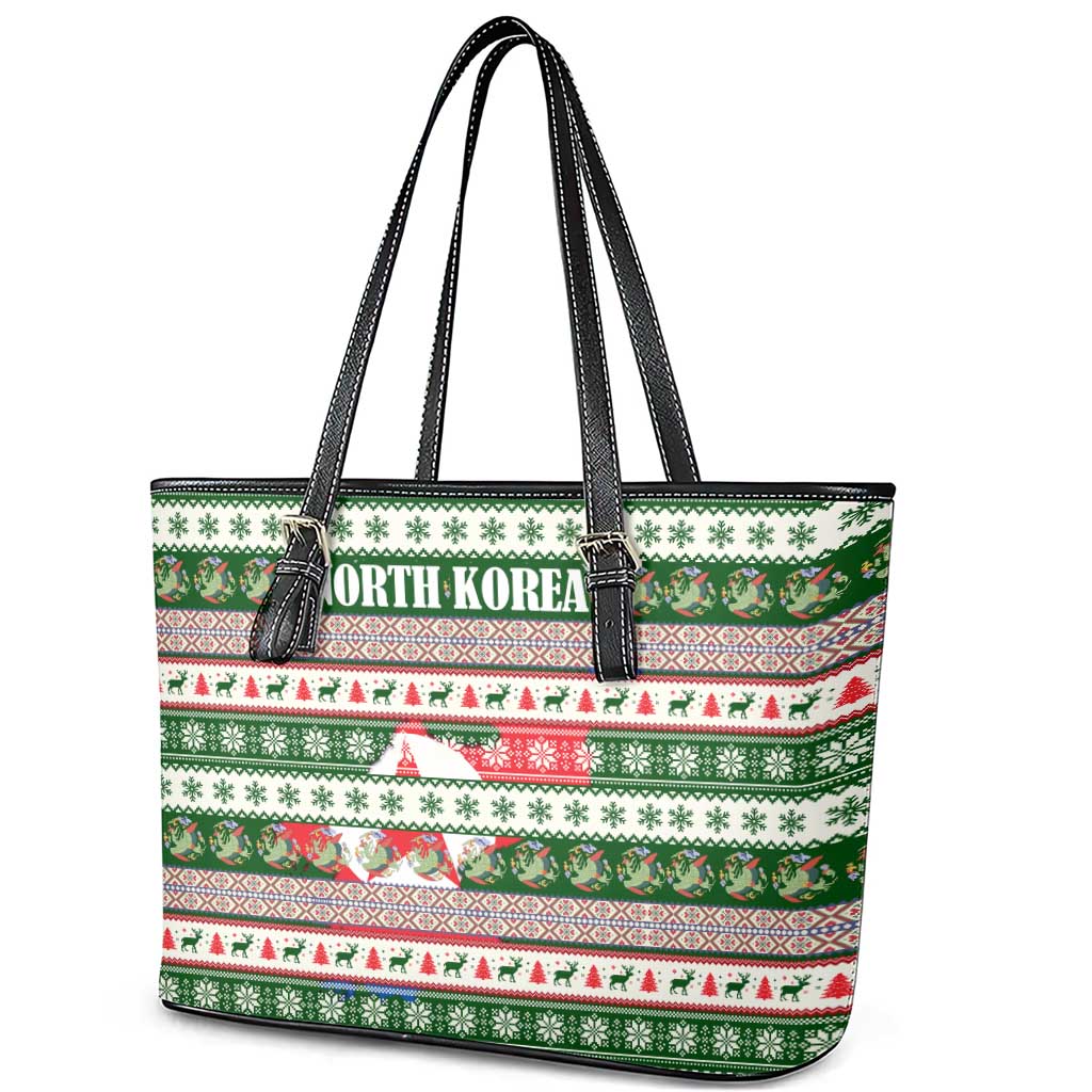 North Korea Christmas Leather Tote Bag with Green-Red Design, National Emblem, and Festive Snowflake Motif - Wonder Print Shop