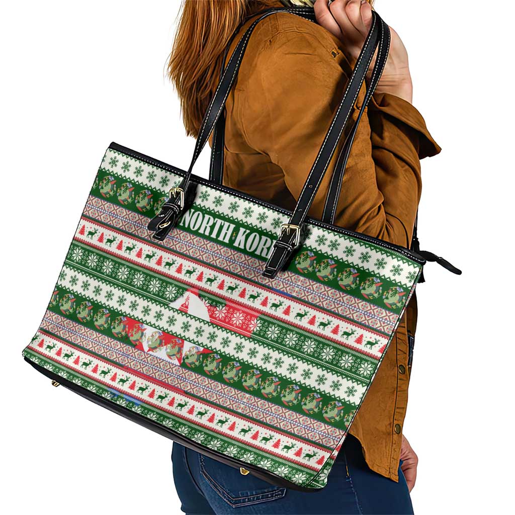 North Korea Christmas Leather Tote Bag with Green-Red Design, National Emblem, and Festive Snowflake Motif - Wonder Print Shop
