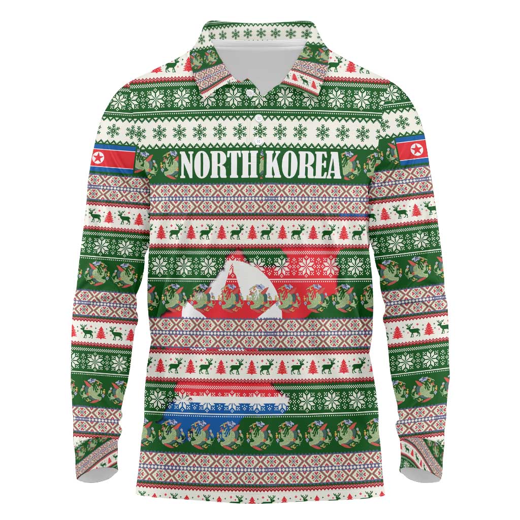 North Korea Christmas Long Sleeve Polo Shirt with Green-Red Design, National Emblem, and Festive Snowflake Motif - Wonder Print Shop