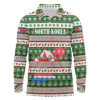 North Korea Christmas Long Sleeve Polo Shirt with Green-Red Design, National Emblem, and Festive Snowflake Motif - Wonder Print Shop