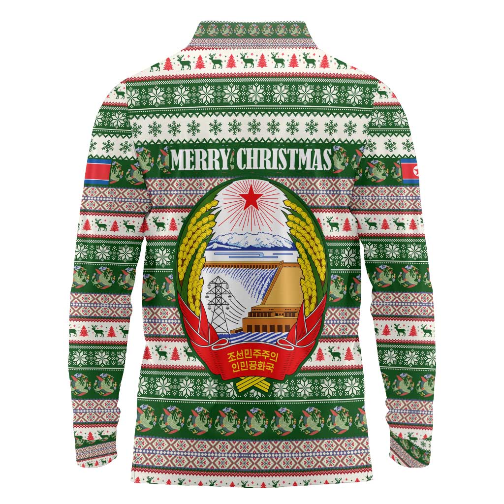 North Korea Christmas Long Sleeve Polo Shirt with Green-Red Design, National Emblem, and Festive Snowflake Motif - Wonder Print Shop