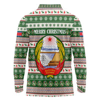 North Korea Christmas Long Sleeve Polo Shirt with Green-Red Design, National Emblem, and Festive Snowflake Motif - Wonder Print Shop