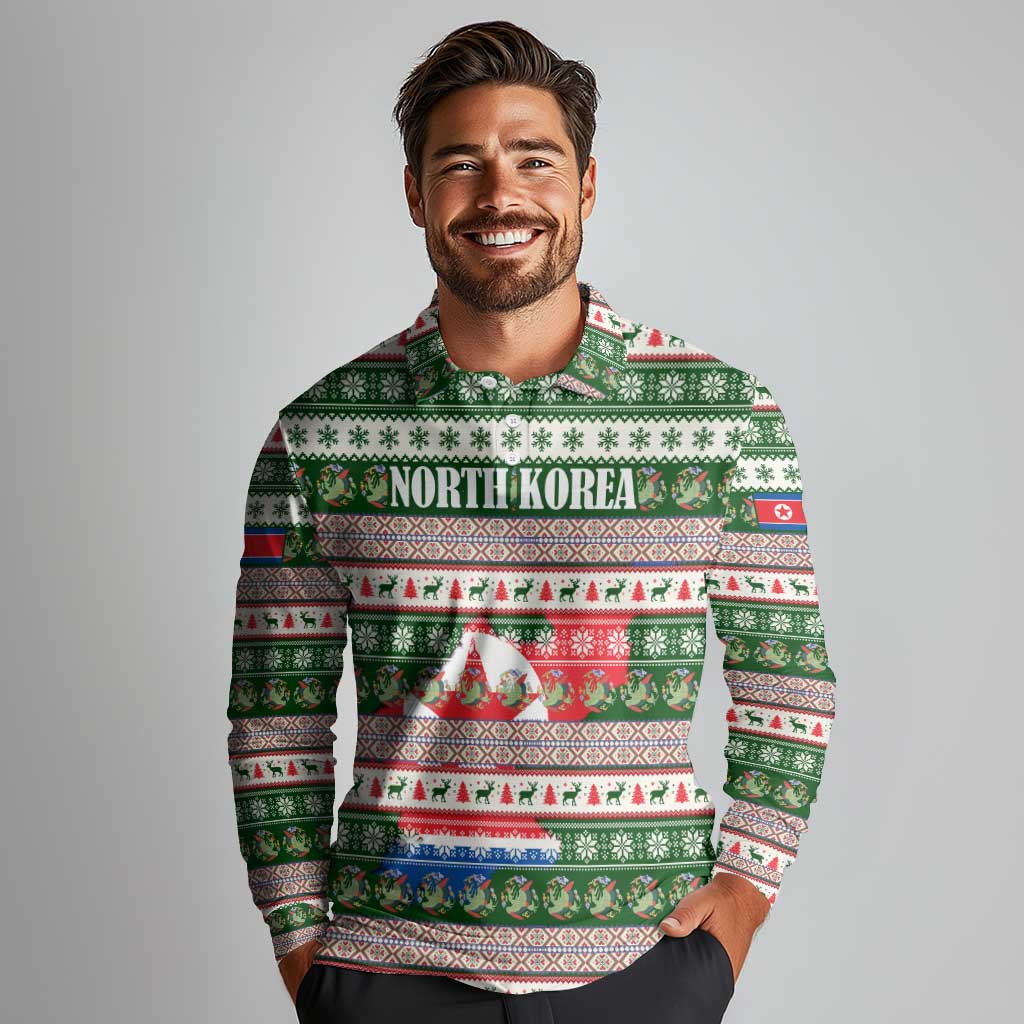 North Korea Christmas Long Sleeve Polo Shirt with Green-Red Design, National Emblem, and Festive Snowflake Motif - Wonder Print Shop