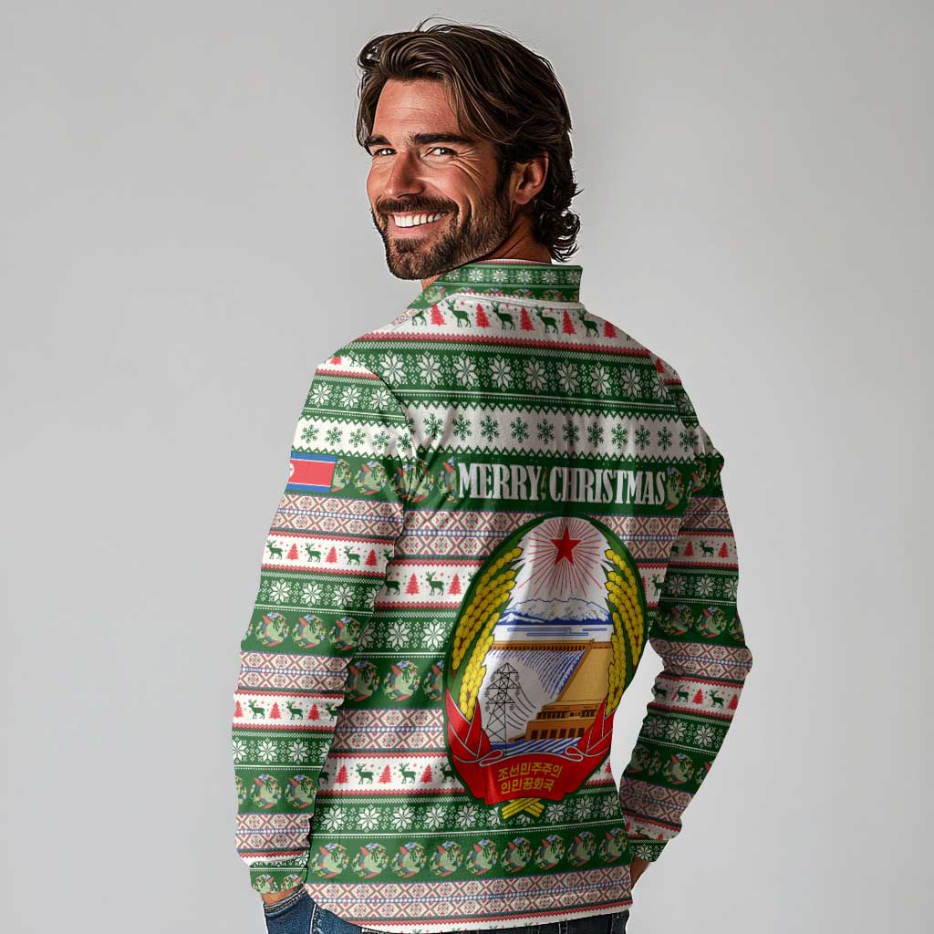 North Korea Christmas Long Sleeve Polo Shirt with Green-Red Design, National Emblem, and Festive Snowflake Motif - Wonder Print Shop